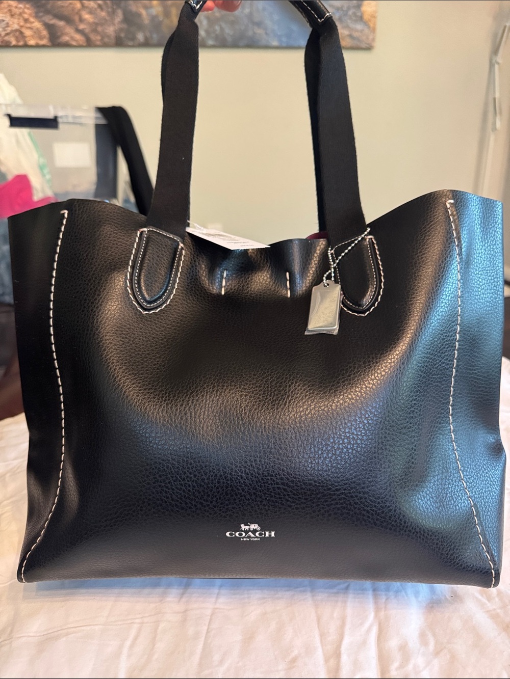COACH Black Leather Tote with White Contrast Stitching